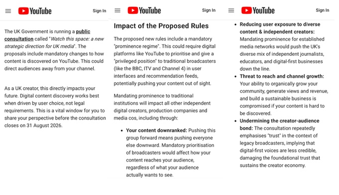YouTube urges creators to fight proposed UK algorithm changes